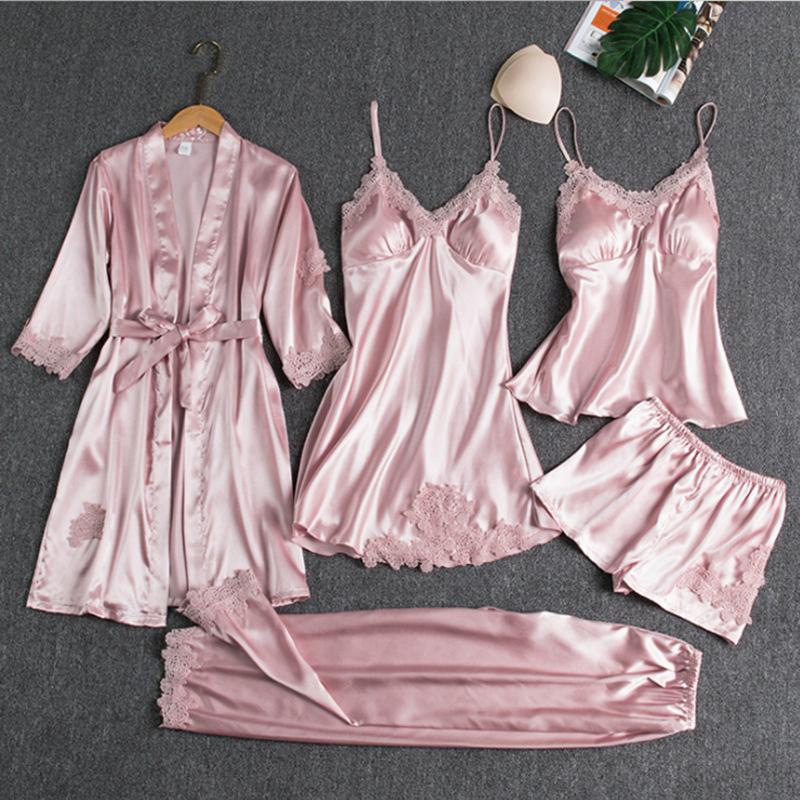 

Women's Sleepwear 5pcs Kimono Robe Gown Satin Pajama Set Women Pour Femme Lace Trim Intimate Lingerie Loungewear V-neck Bathrobe Suit, Black;red