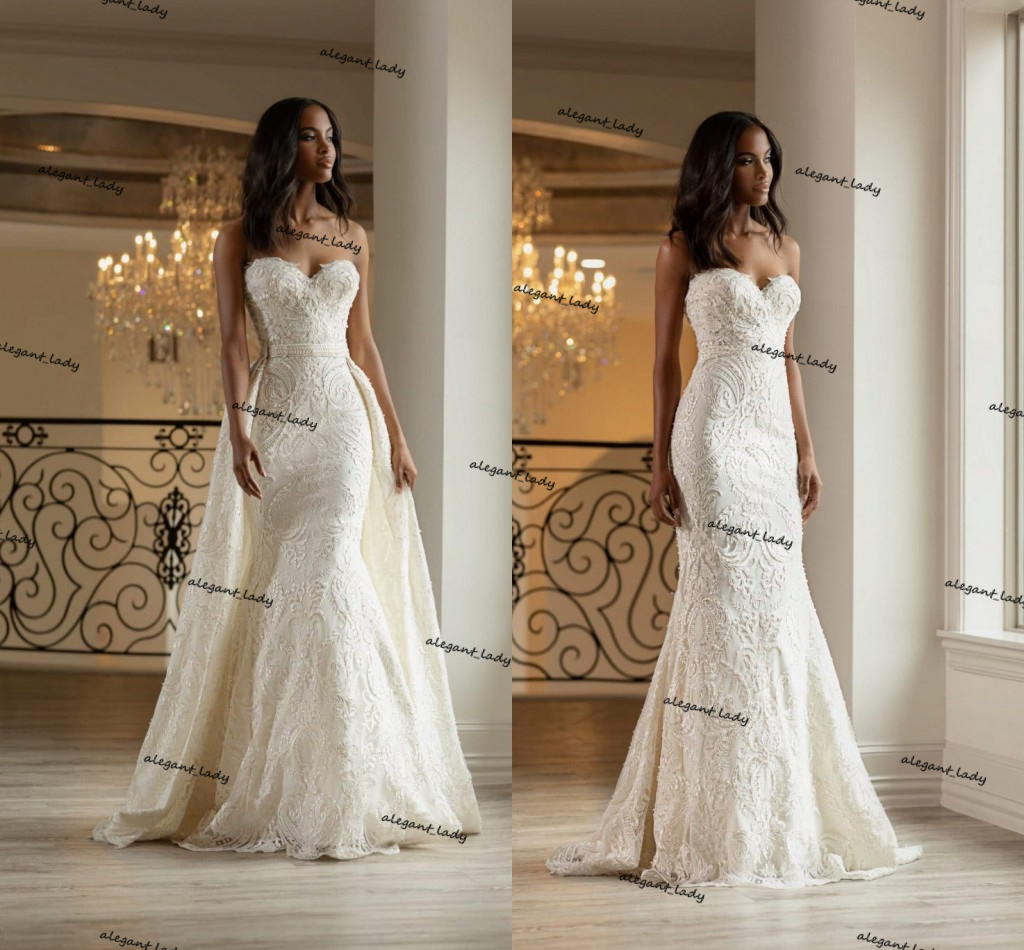 

Sweetheart Mermaid Wedding Dresses With Detachable Train 2021 Lace Applique Beach garden brial wedding dressRobes De Mariée, White