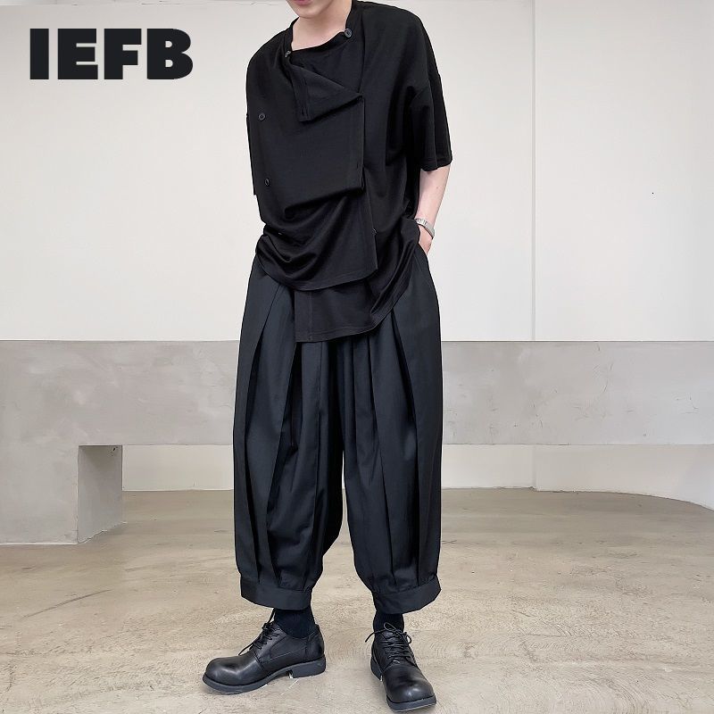 

IEFB Japan Korean Style Personal Pleated Lace Up Black Loose Wide Leg Trousers Summer Trend Ankle Length Pants 9Y7019 210524