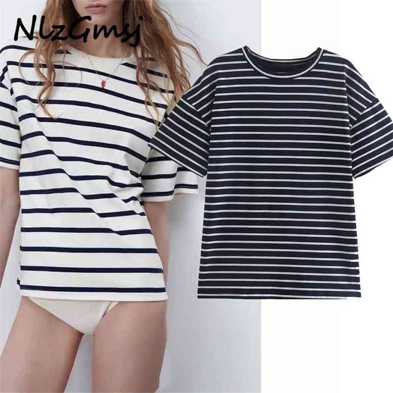 

T-Shirt Women Summer Fashion Stripe Vintage Short Sleeve Loose Harajuku T-shirt Female Chic Tops 04 210628, As picture
