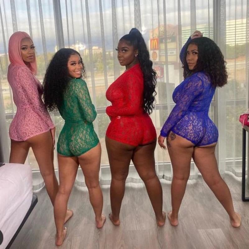 

Women' Jumpsuits & Rompers Women Sexy Adult Jumpsuit Romper Sleepwear Lace Hollow Shorts Sleeve V Neck Bodycon Bodysuit Pajamas Pants, Blue