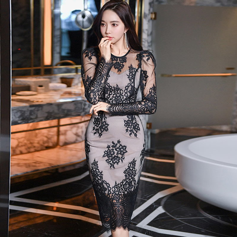 

Spring New Two Piece Suit Dress Female Sexy Slim Blouse Bodycon Midi Skirt Full Lace Women's Clothing Sets Party Vestidos, Black;gray