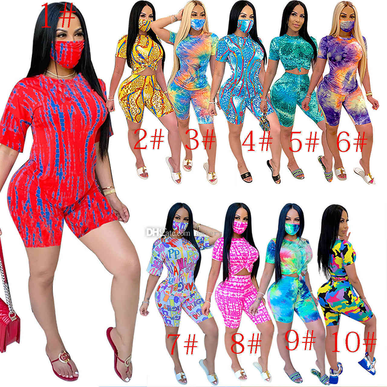 

Designer Women Tracksuits Shorts Outfits Tie Dye Printing Tops + Pants 2 Piece Set Ladies Sweatsuits Clothes Including Mask A001, Mix color 1#-10#
