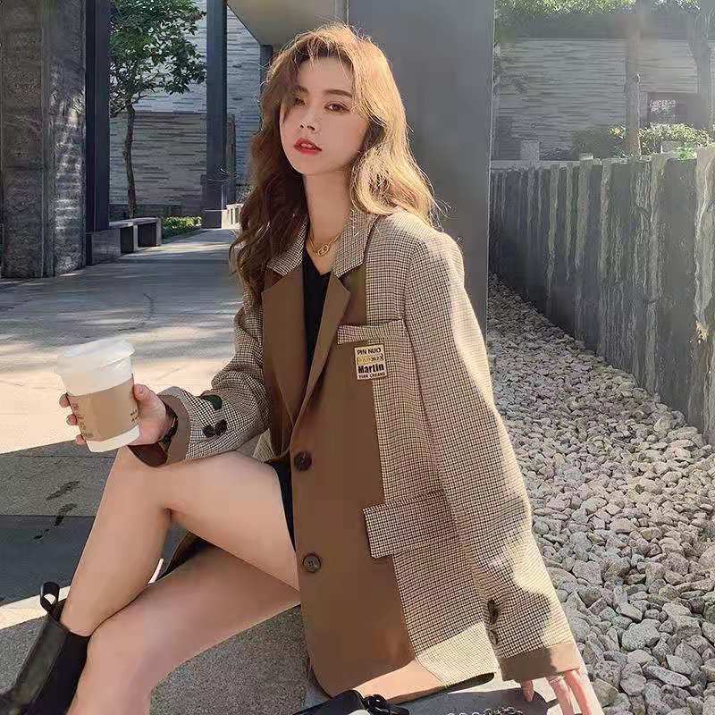 

women's jackets spring and autumn color combining casual chess suit women's versatile jacket design ok2b, Black;brown