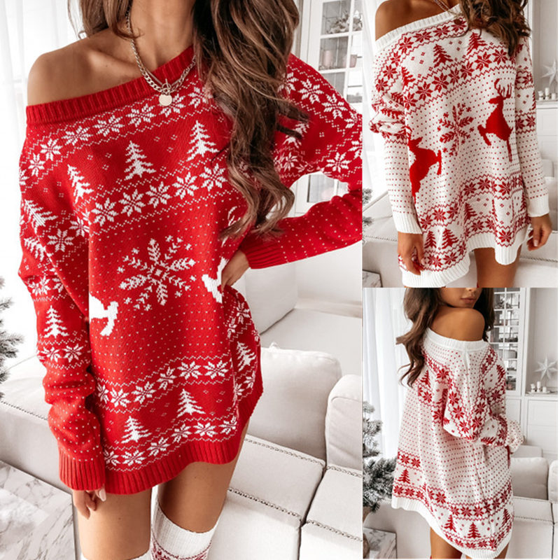 

Winter Fashion Womens Casual Knitted Dress with Christmas Tree Sexy Close Fitting Jersey Dresses, White