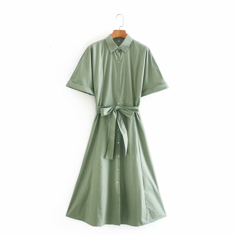 

Casual Short Sleve Cotton Dress Summer Turn Down Collar A-line Midi Street With Sash Women Vacation Beach NX9710 210525, Green