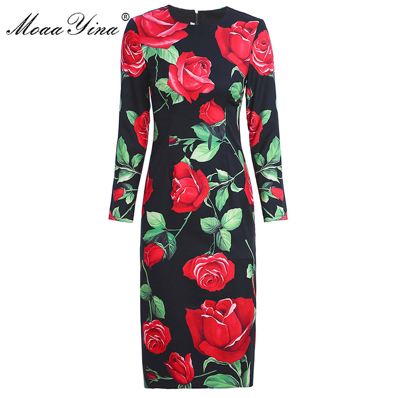 

Fashion Designer dress Spring Autumn Women's Dress Long sleeve Rose Floral-Print Slim Dresses 210524, Black