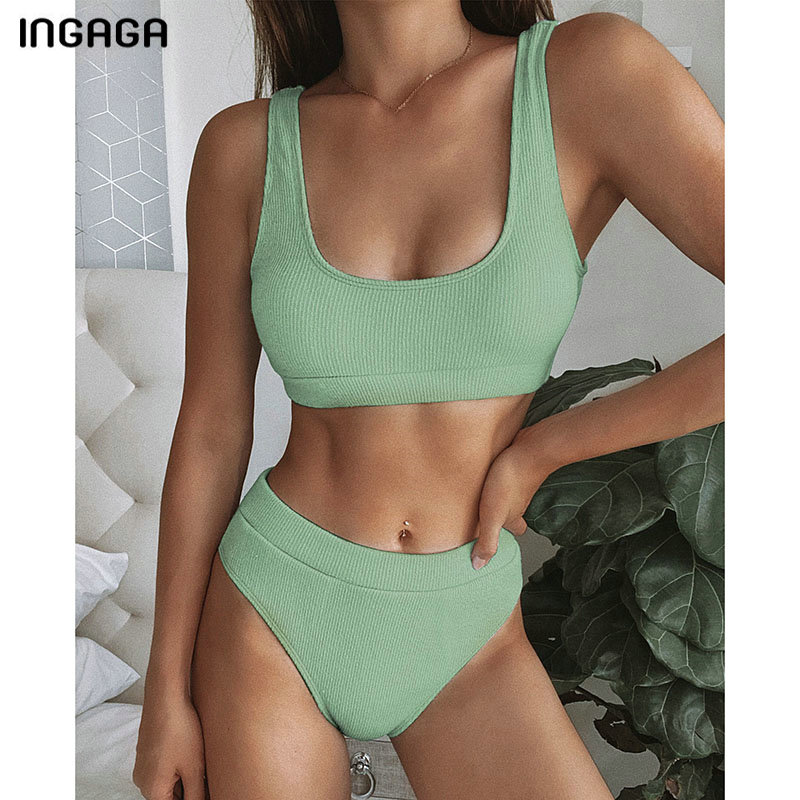 

INGAGA 2021 Bikini Set High Waist Swimsuit Female Solid Ribbed Swimwear Women Biquini Bathing Suits Push Up Two-pieces Bikinis, Blue