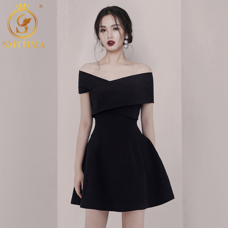 

Women Fashion Sexy Off Shoulder Summer Dress Vestidos Clothing Vintage High Waist Black Dresses 210520, Photo color