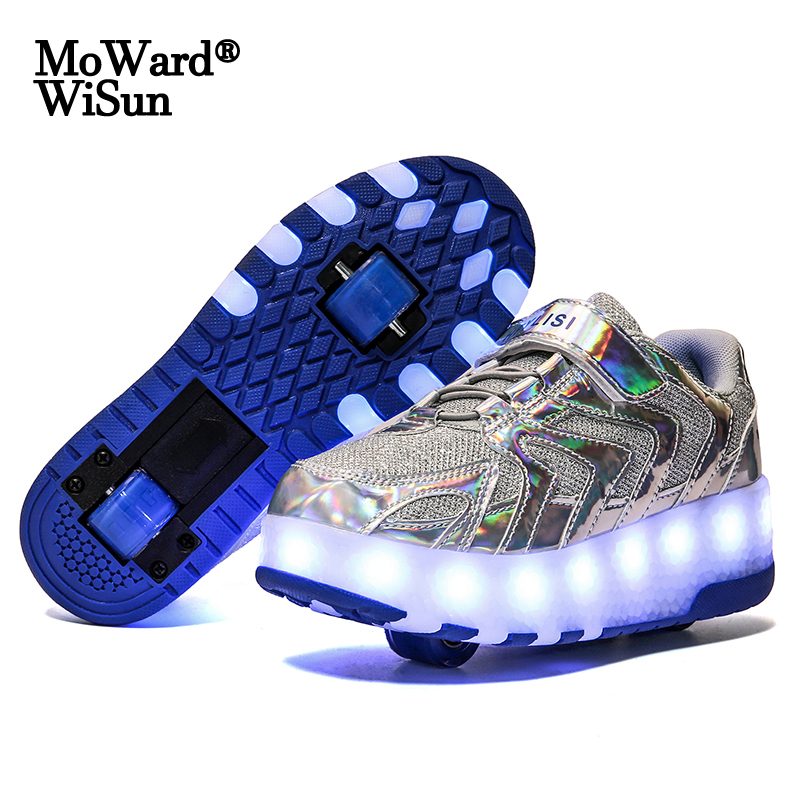 

Size 28-41 Luminous Wheels Sneakers Kids Boys USB Charged Growing LED Roller Skate Shoes for Children Girls Double Wheels Shoes, 616-black