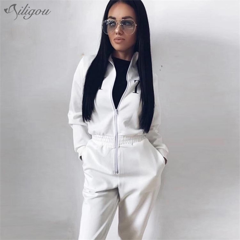 

Women's Casual Long Sleeve Letter Zipper Jumpsuit Sexy Black White Red Slim Full Length Party 210525, Beige