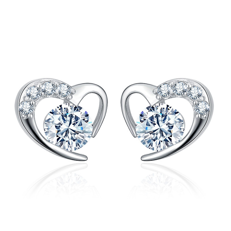 

White Purple Zircon Cute Heart Stud Earring For Women Girls Wedding Jewelry Vintage Silver Color Crystal Small Earrings