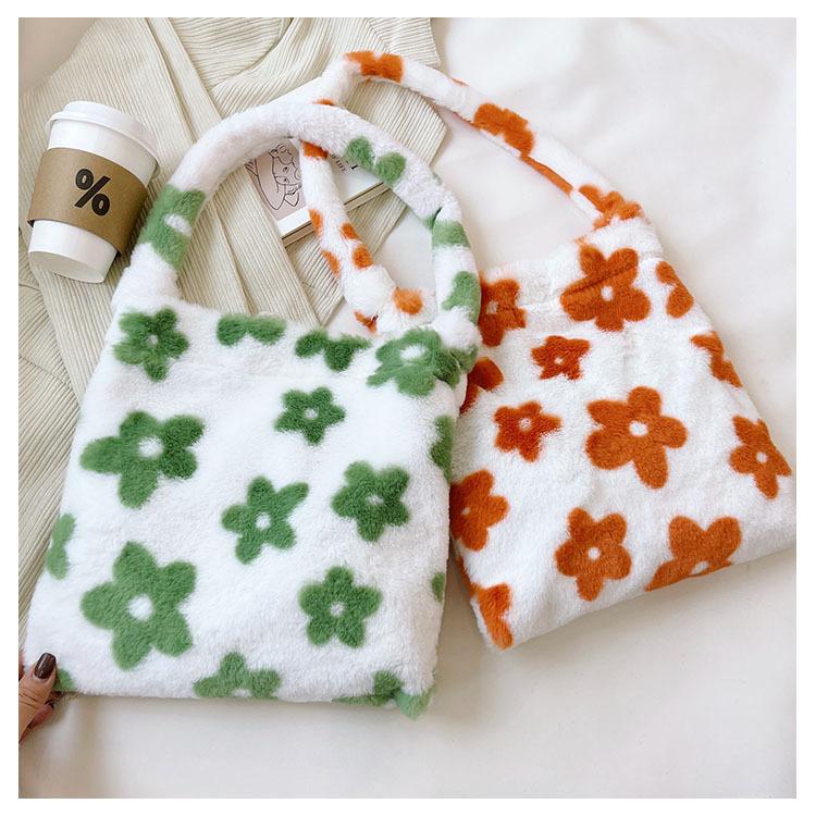 

Evening Bags INS Flower Print Women Shoulder Winter Soft Plush Bucket Female Open Pocket Crossbody Furry Fluffy Tote