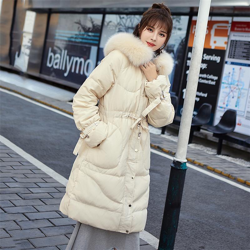 

Women's Down & Parkas Winter Fur Collar White Duck Jacket Long Section Tie Waist Coat black green DJND