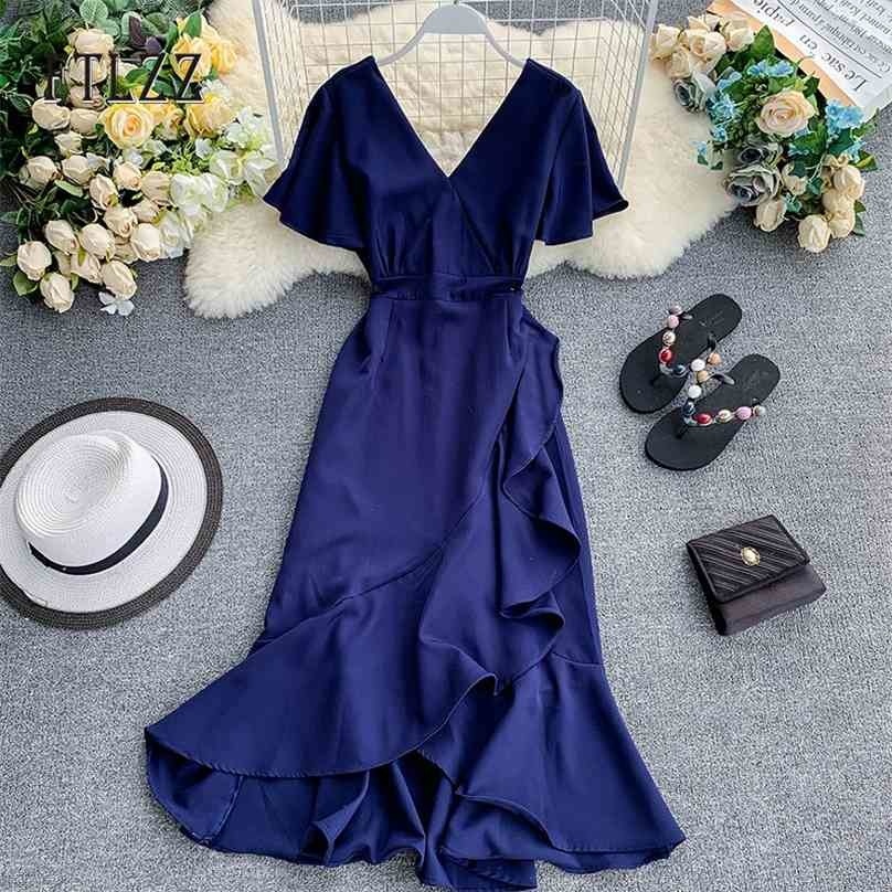 

Bohemian Dress Women Short Sleeve Sexy V-neck Summer Bodycon Dresses Vestidos Mujer Vintage Ruffles Beach Long Robe 210525