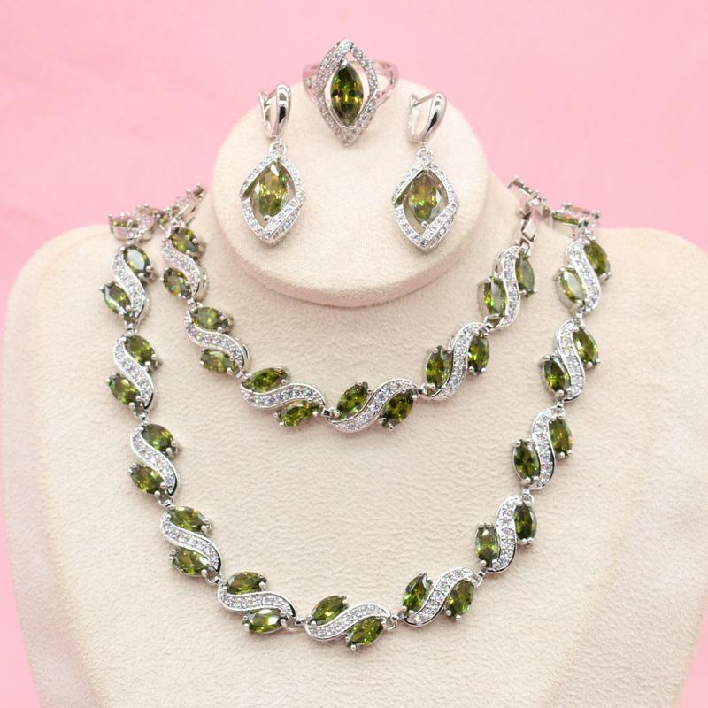 

Earrings & Necklace Luxury Green Peridot Wedding Sets Silver Color Jewelry For Women Ring Bracelet Gift Box