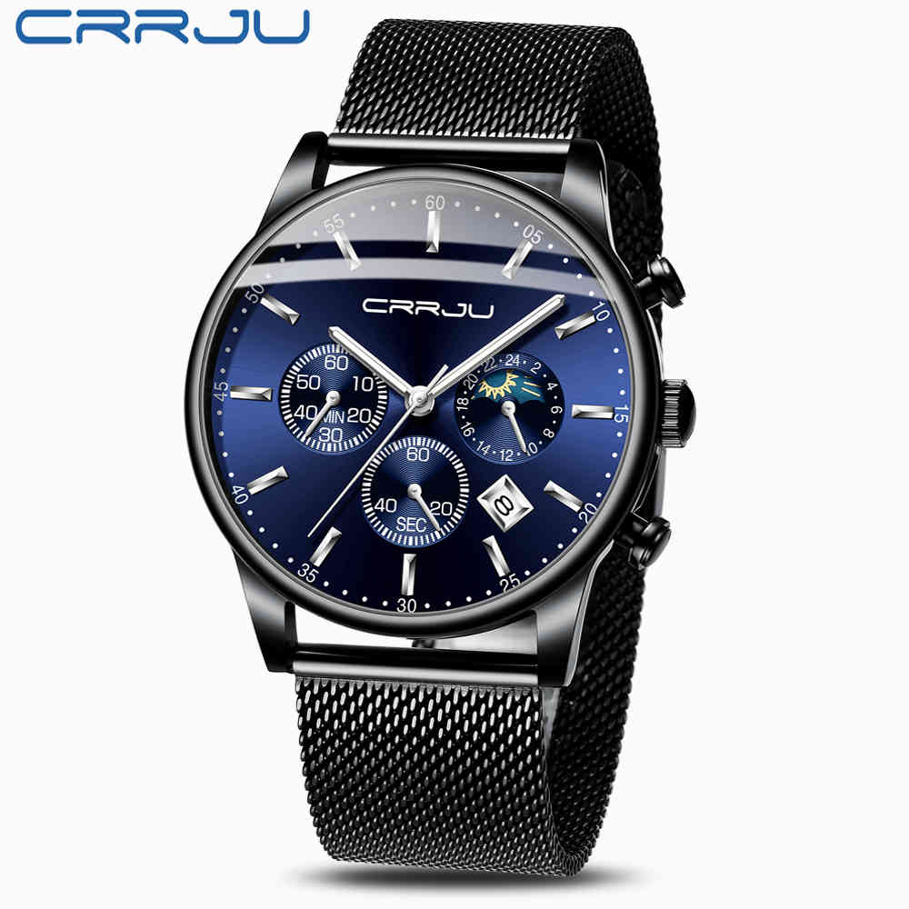 

Luxury Men Watch Fashion Waterproof Chronograph Wristwatch Classic Business Full Steel Male Calendar Watch with Moon Phase 210517, Black bule silver
