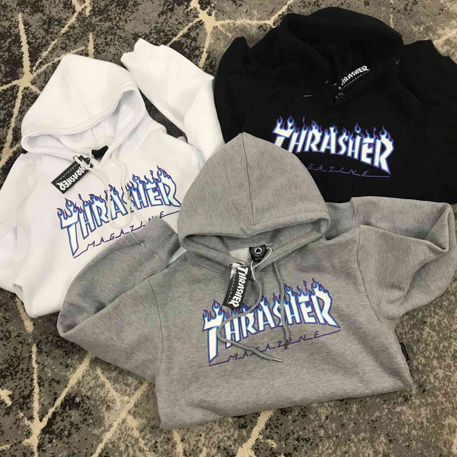 

Thrasher ice fire flame sweater Hooded Sweater Wang Yibo's same men's and women's loose sweater Pullover, White