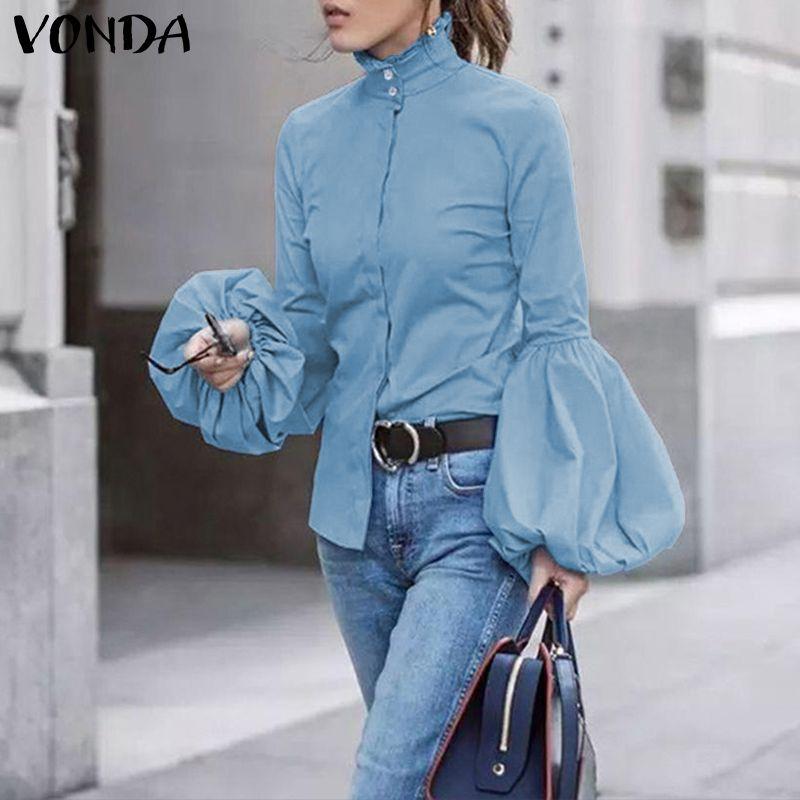 

Women' Blouses & Shirts Blouse Women VONDA 2021 Fashion Female Long Lantern Sleeve Solid Tops Femme Casual Blusas Outwear Top Oversized Whi, Blue