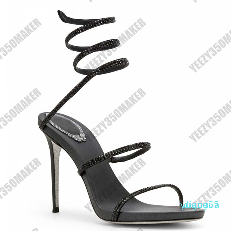 

2021 8cm 10cm stiletto High heel RENE CAOVILLA CRYSTAL Karung Rose Gold Snakelike twining rhinestone sandals women summer 7700, Black