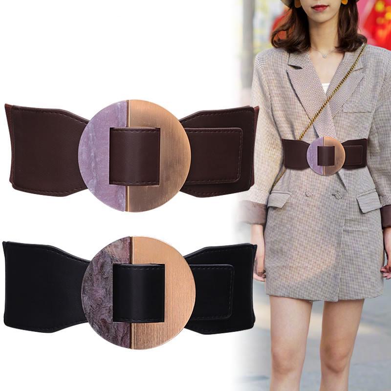 

Belts Simple And Elegant Accessories Round Pattern Buckle PU Leather Plus Elastic Band Vintage Waist Adjust Freely, Black