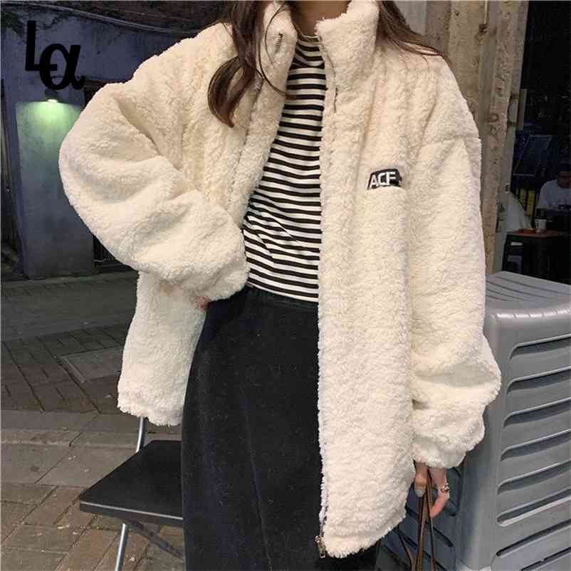 

Winter Women Solid Zipper Sheepskin Casual Coats Lady Faux Lamb Fur Streetwear Female Granular Thick Warm Jackets 210519, Khaki