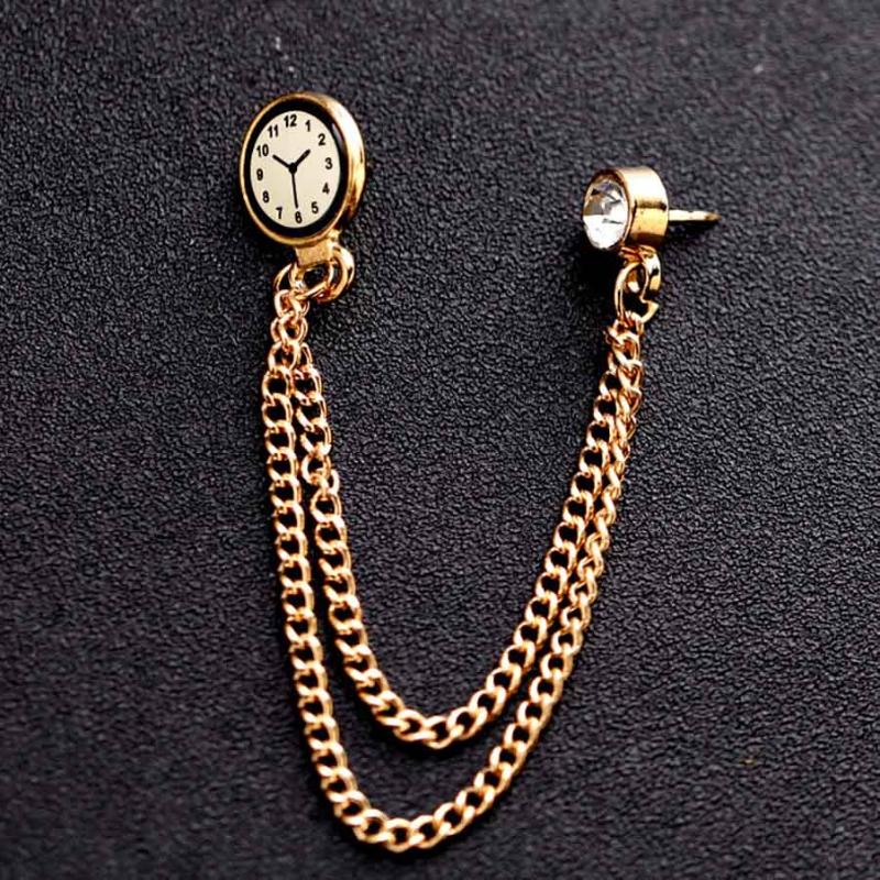 

Pins, Brooches 2021 Fashion Custom Jewerlry Korean Gold Chain Crystal Watch Brooch Badge Lapel Pin Metal Suit For Men Women, Gray