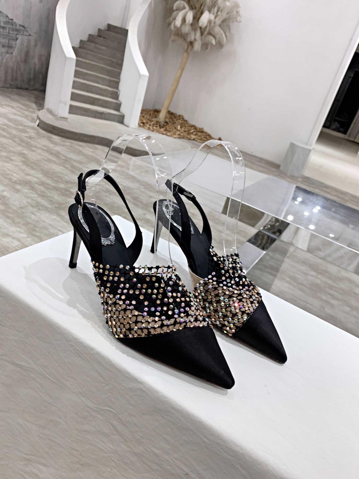 

Designers Women Sandals High Heels Mesh Baotou shoes Women's Stiletto 2021 Summer Genuine Leather Rhinestone One-word Buckle Strap Wild, Black