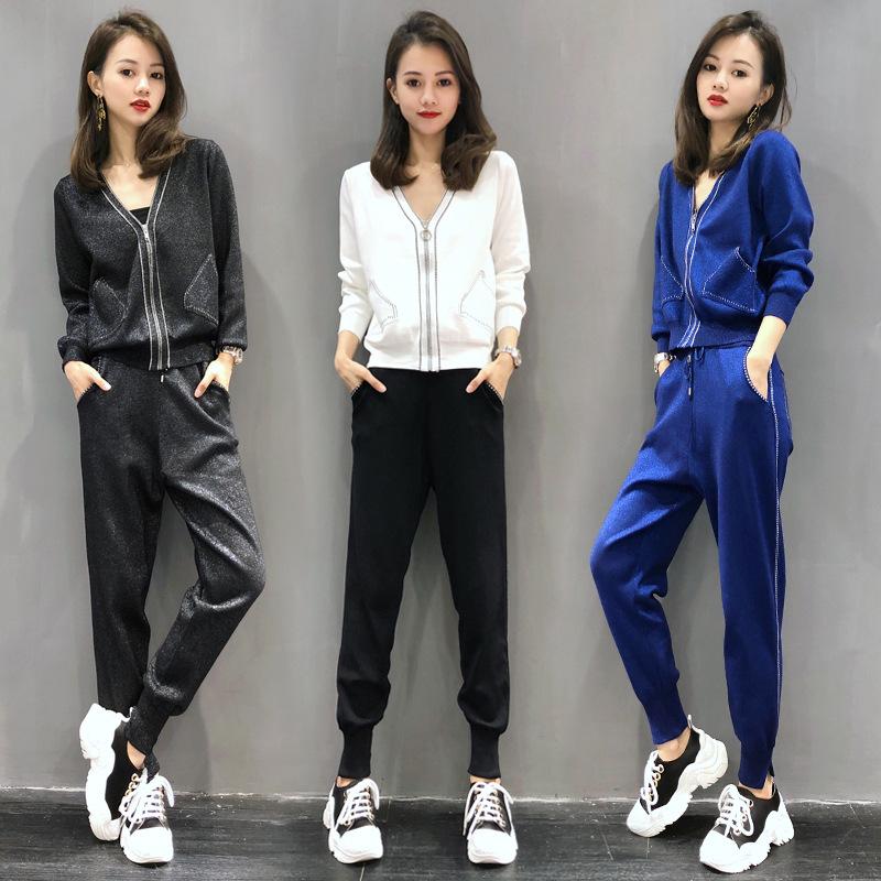 

Women' Two Piece Pants 2-piece Suit European And American Fashion 2021 Spring Autumn Polyester Knitted Casual Sportswear Two-piece