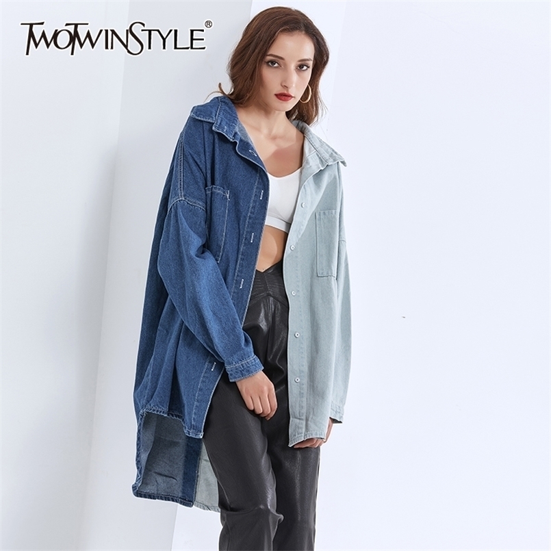 

Patchwork Hit Color Women's Shirt Blousees Lapel Collar Long Sleeve Loose For Female Denim Shirts Fashion 210524, Blue shirt