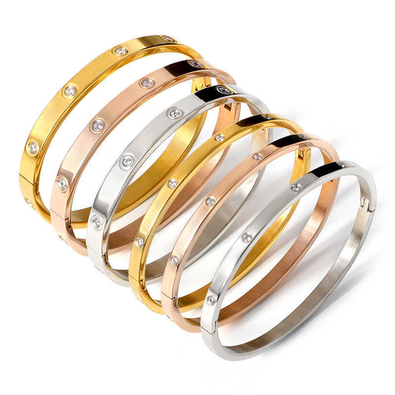 

Stainless Steel Crystals Bangles Bracelets for Women Fashion Rose Gold Color Open Cuff Bangles Classic Jewelry Q0719
