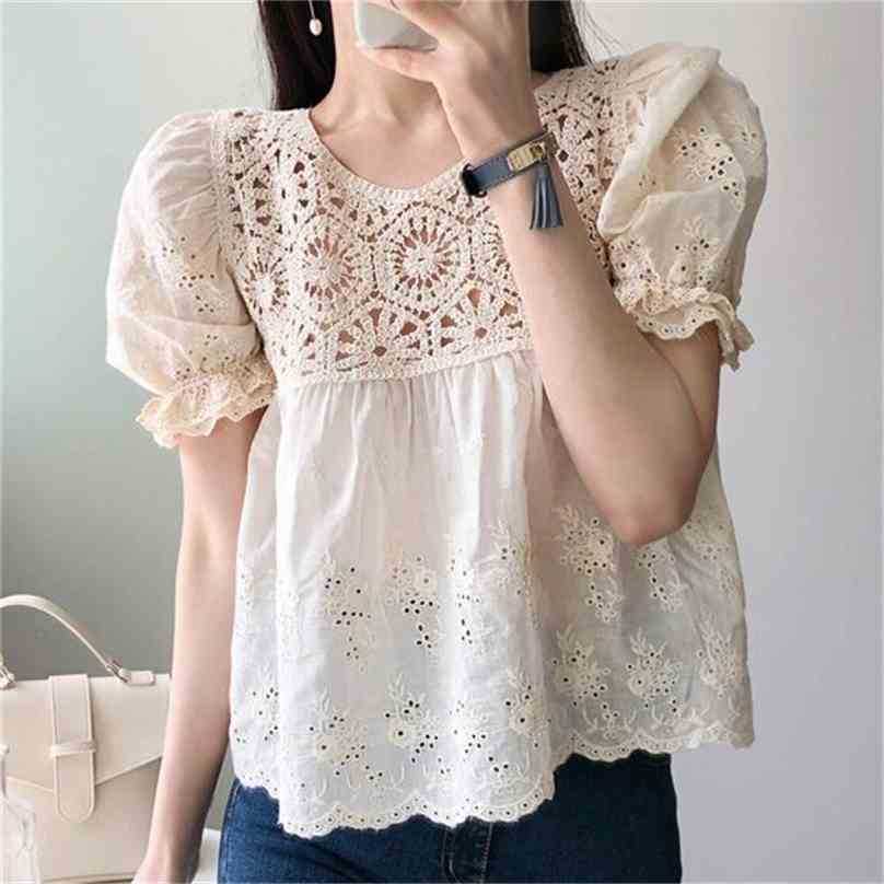 

Summer Embroidery Femme Hollow Out Sweet Loose Stylish Chic Blouses High Quality Casual Tops Shirts 210525, Apricot