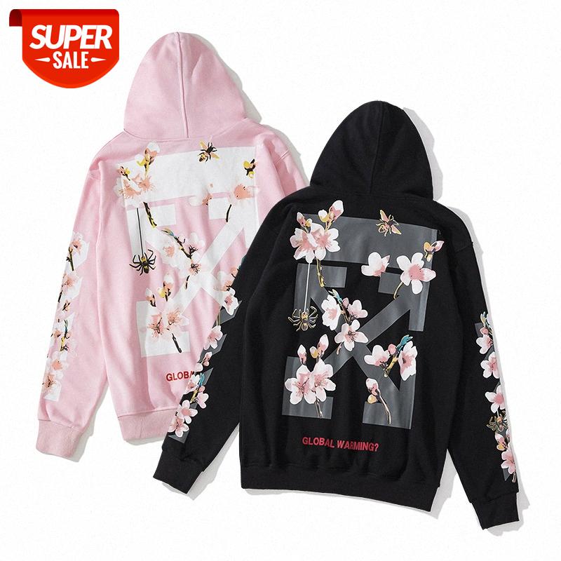 

OFF hooded sweater European and American trendy brand OW WHITE pink peach flower print men women couple hoodie jacket #nS60, Black