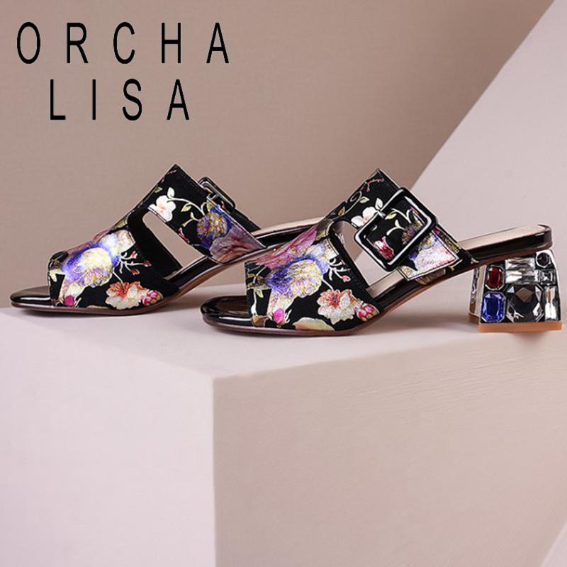 

Ladies Sandals Open Toe Rhinestone Thick Square Heels Colorful Ethnic Pattern Buckle Big Size 34-43 A4047 Dress Shoes, Black