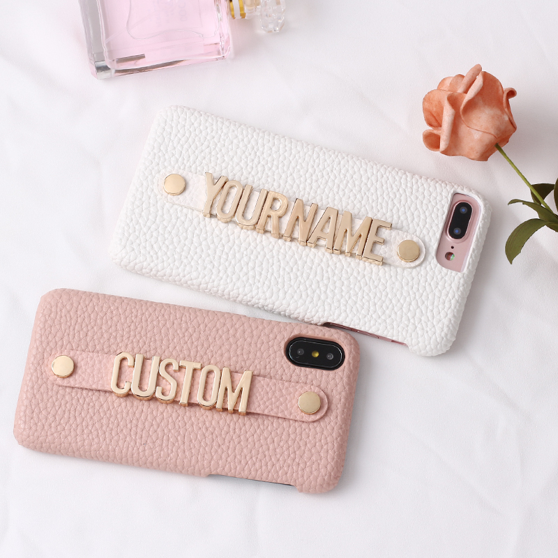 

Holding Strap Metal Personalization Your Name Pebble Grain Leather Phone Case For iPhone 12 11 Pro XS Max XR 7 7Plus 8 8Plus X, Red leather case