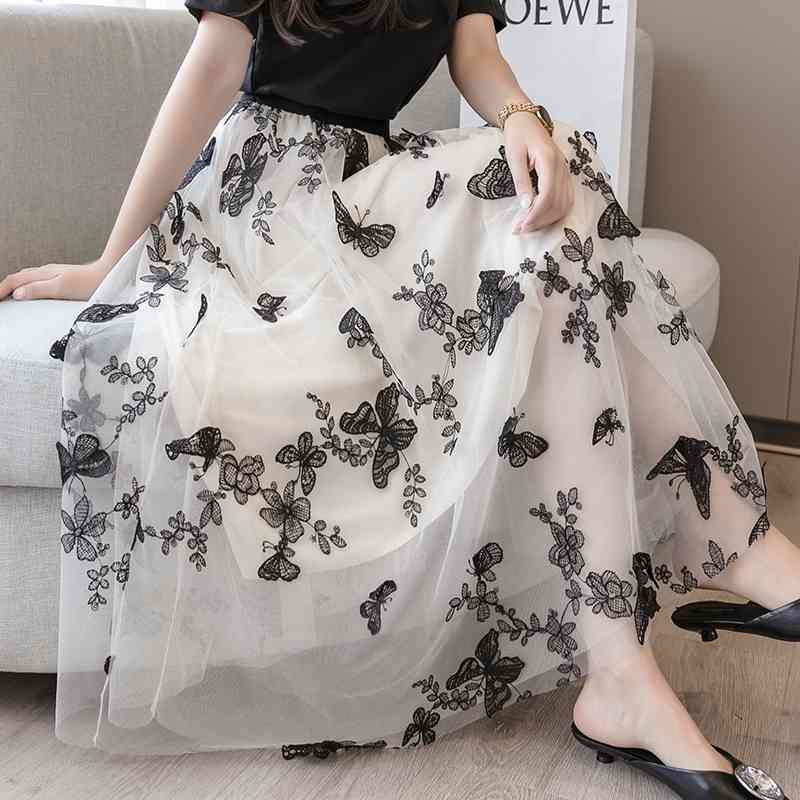 

Banulin Maxi Tulle Skirt Women For Spring Summer Korean Ladies Pink Black Floral Embroidery High Waist Long Female 210603, Apricot