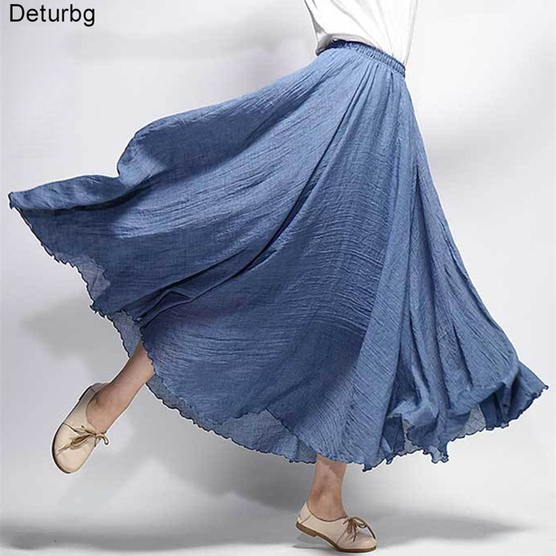 

Women's Elegant High Waist Linen Maxi Skirt Summer Ladies Casual Elastic Waist 2 Layers Skirts saia feminina 20 Colors SK53 210721, Sky blue