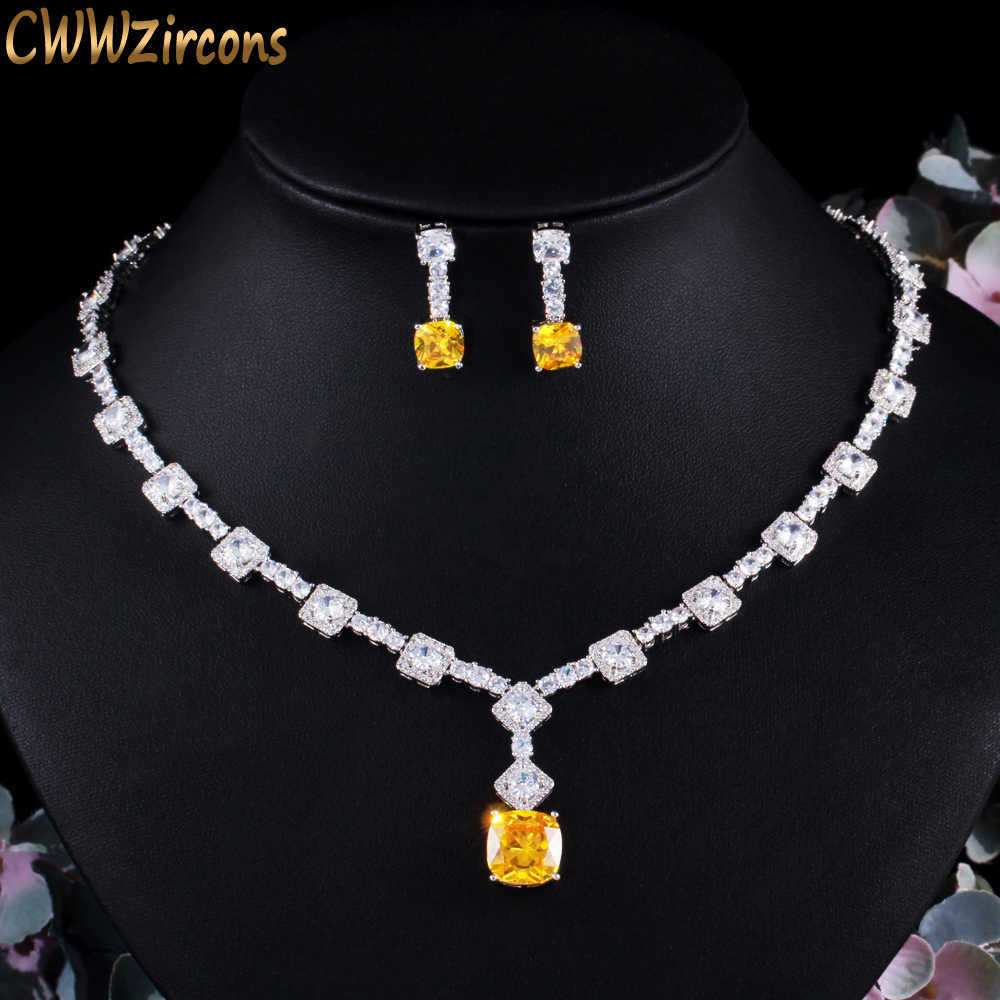 

Gorgeous Square Drop Yellow Cubic Zircon Party Necklace Jewlery Set for Women Wedding Bridal Costume Accessories T504 210714, White