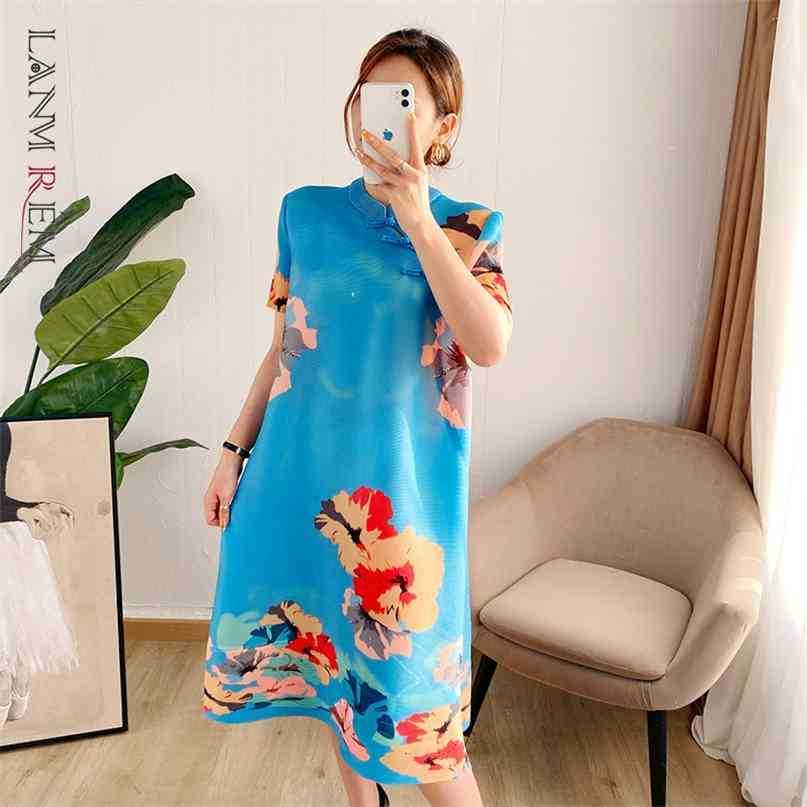 

Pleated Vintage Dress Short Sleeve Summer Printing Flower Large Size Dresses Gifts For Mom Elegant Clothing 2D3787 210526, Blue
