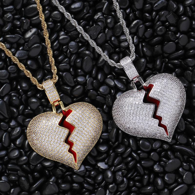 

Pendant Necklaces Brass Setting CZ Stones Bling Hip Hop Heart Necklace Jewelry For Men And Women CN002