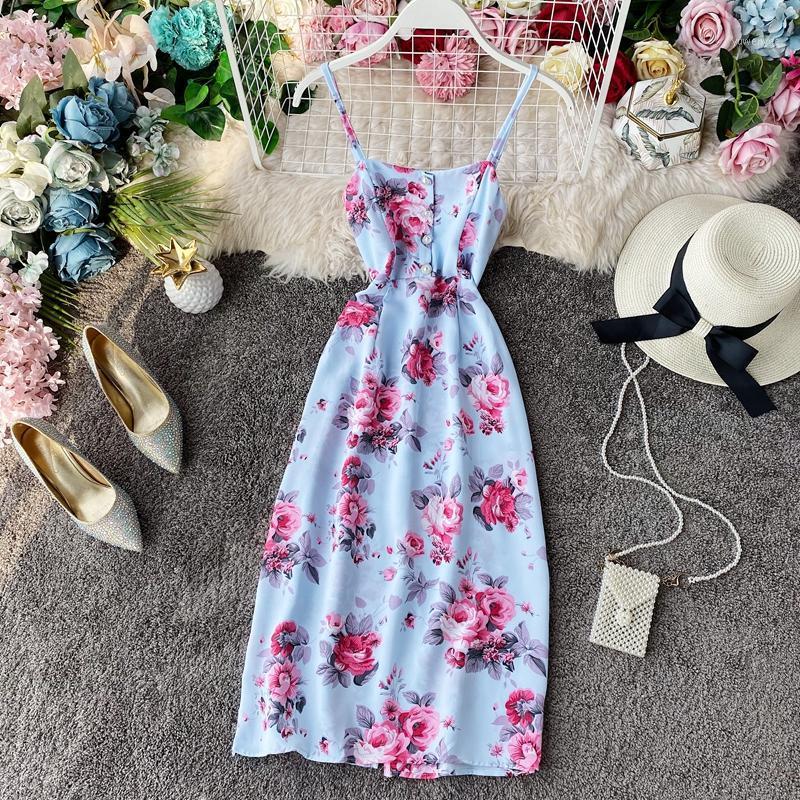 

Casual Dresses Elegant Printed Women Dress Sexy Spaghetti Strap Female Blackless Bandage Summer Beach Boho Ladies Midi Femme 2021, Black