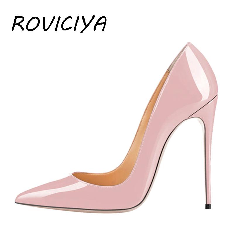 

Dress Shoes Withered Rose Light Pink Elegant Classic Stiletto High Heels 12cm Pumps Pointde Toe Sexy Wedding Party QP066 ROVICIYA, Black