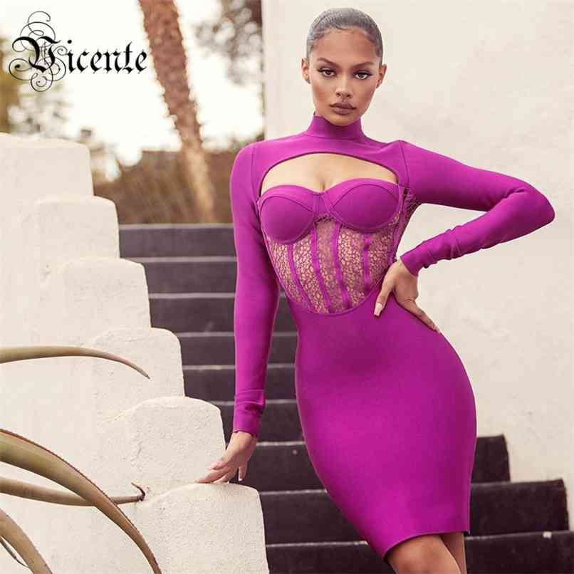 

Trendy Purple Lace Splicing Design Sexy Hollow Out Celebrity Party Club Bandage Mini Dress 210520