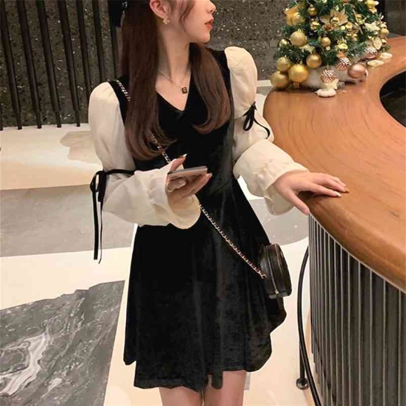

French Vintage Mini Dres Spring Lace Bow Velvet Evening Party Female Y2k Casual Kawaii Korean 210701, Black