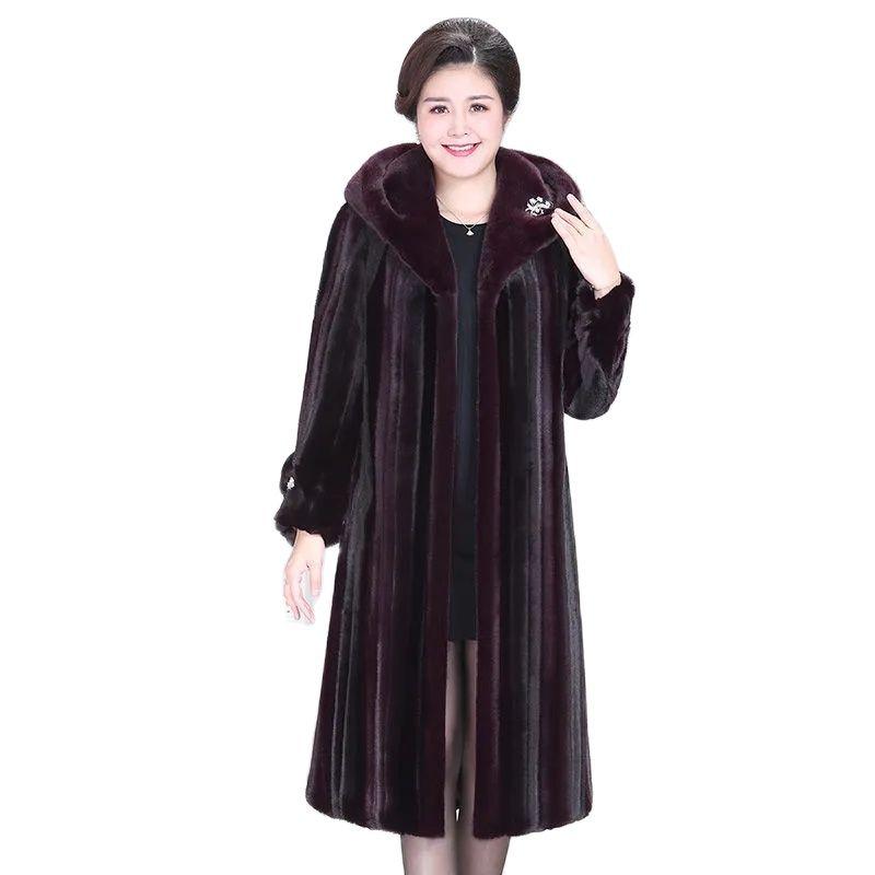 

Women's Fur & Faux Mink Fleece Jacket Winter Coat Long Imitate Hooded Middle-Aged And Elderly Plus Size Mother Clothes Quality, Black