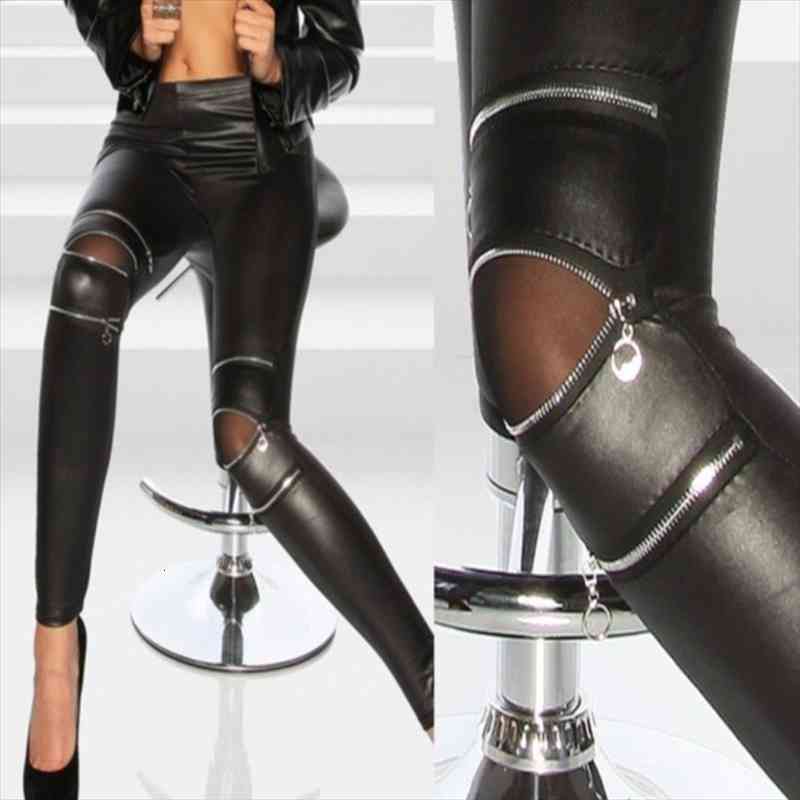 

faux leather leggings women fashion high elastic skinny zippers leggings pants hole pu leather legging leggins mujer, Black