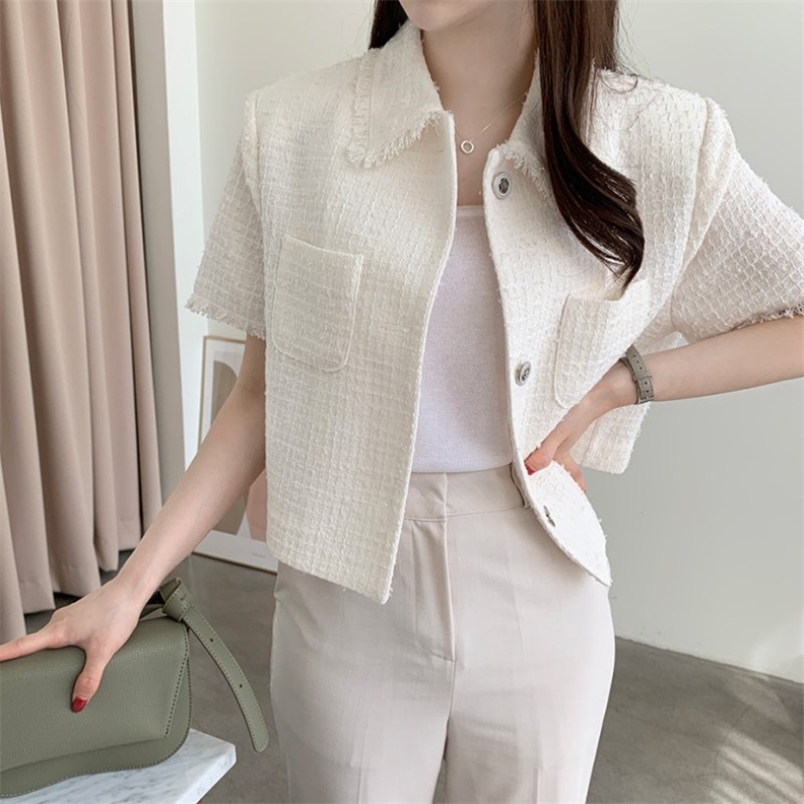 

Summer Korean Chic Top Female Turn Down Collar Single-Breasted Short Sleeved Tassel Tweed Coats 210519, Photo color