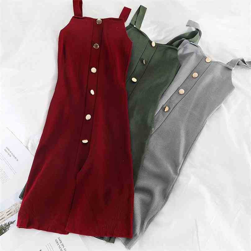 

Women Knit Dress Fashion Spring Summer Sleeveless Spaghetti Strap Bodycon Dresses Ladies Basic Gold Button Sweater Robe 210525