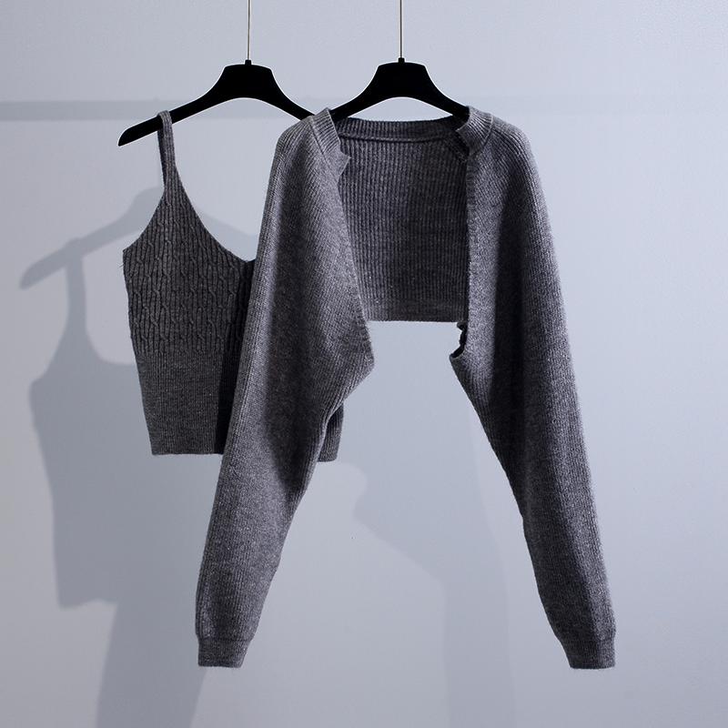 

Women's Knits & Tees 2 Piece Set Women Cardigan Ribbed Knitted Camisole Outfits Spring Autumn 2021 Elegant Short Tops Long Sleeve Cropped Ca, White