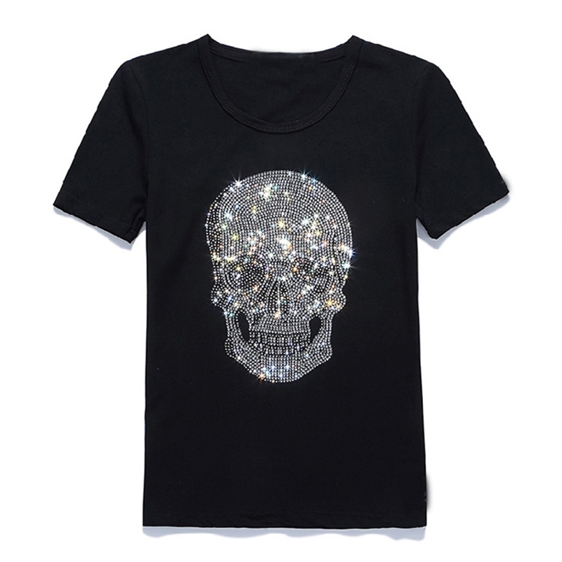 

Women Shinning Skull Drilling T-Shirt Black Cotton Short Sleeve High Quality Print T Shirt Top Tees 210708